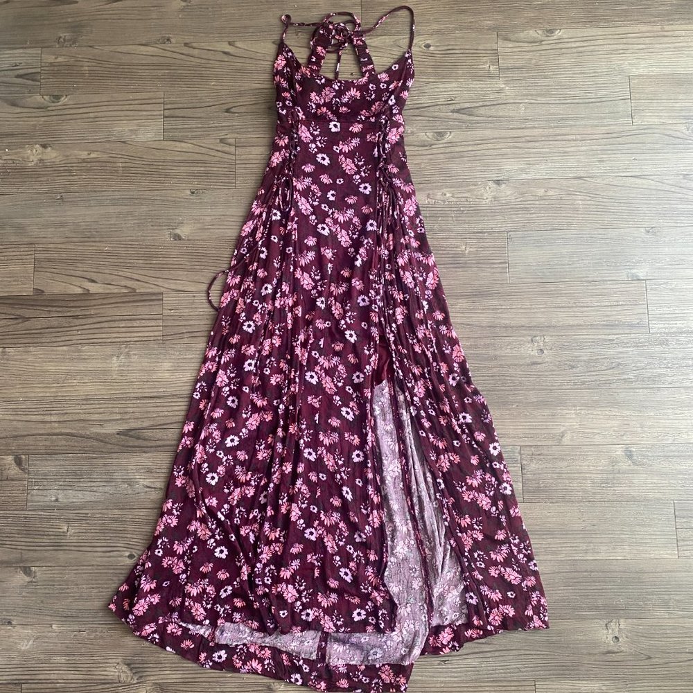 Free People Floral Purple Corset High Slit Midi Dress